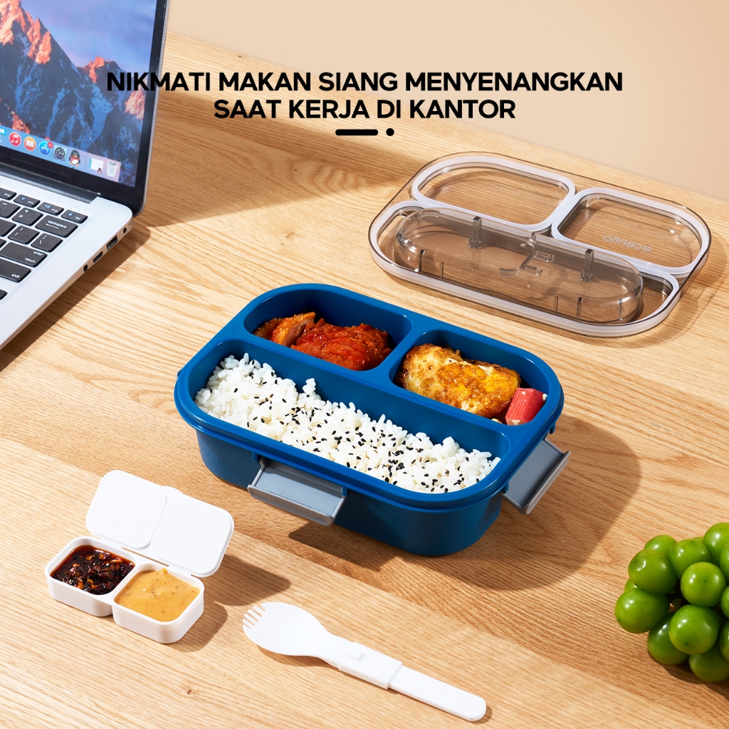 ecentio lunch box 2.0 anti tumpah kotak bekal anti tumpah 1100ml 3 gird lunch box set free sendok
