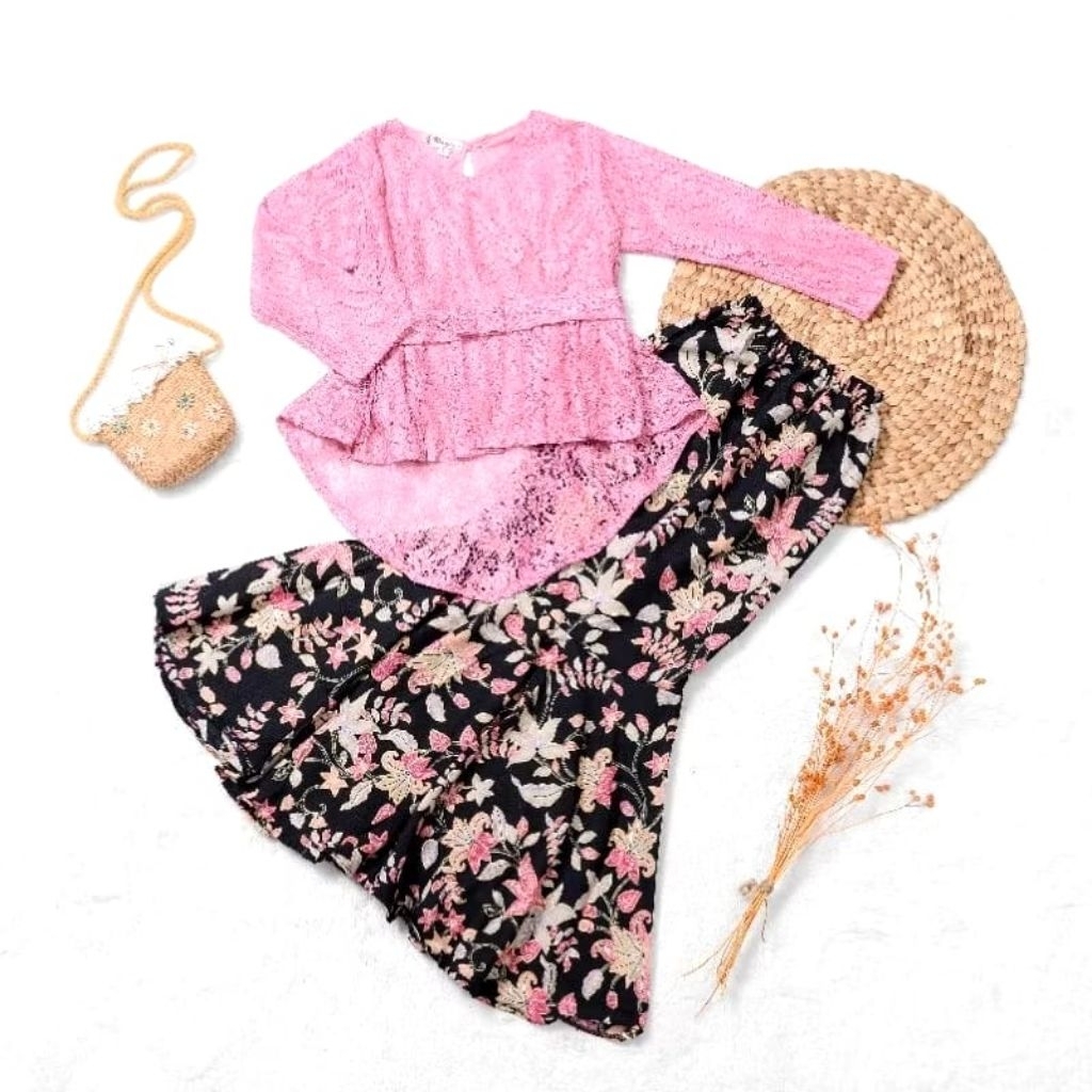 SETELAN BAJU KEBAYA ANAK PEREMPUAN MODERN STYLE BROKAT LENGAN PANJANG  ROK DUYUNG  UNTUK USIA 3 SAMP