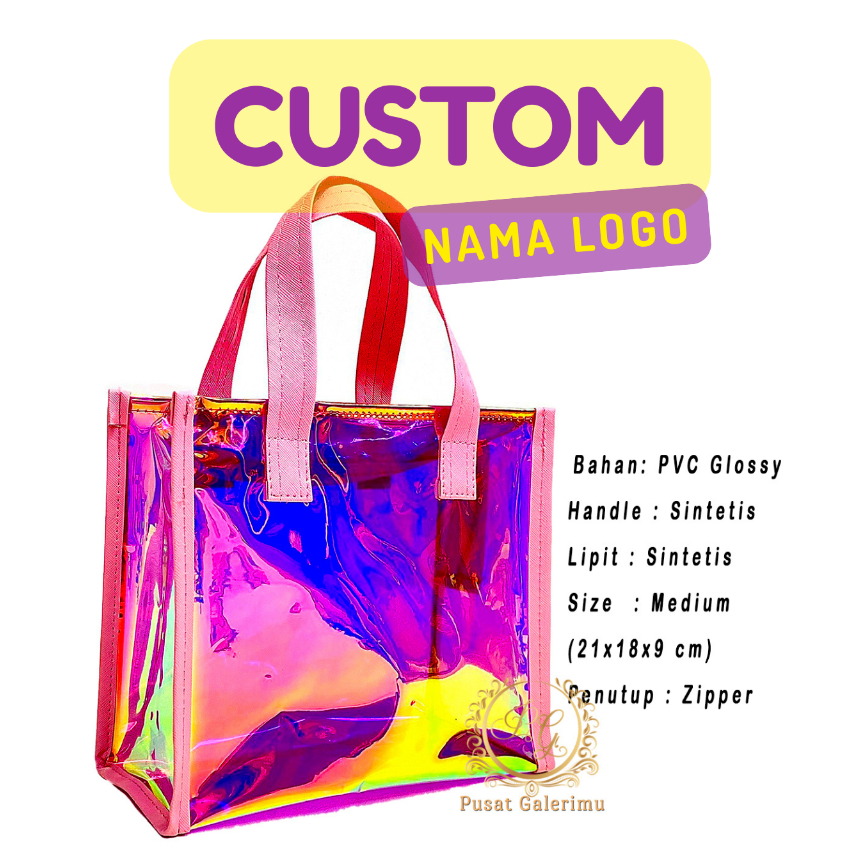 CUSTOM Tas Medium Resleting List Zipper PVC Hologram