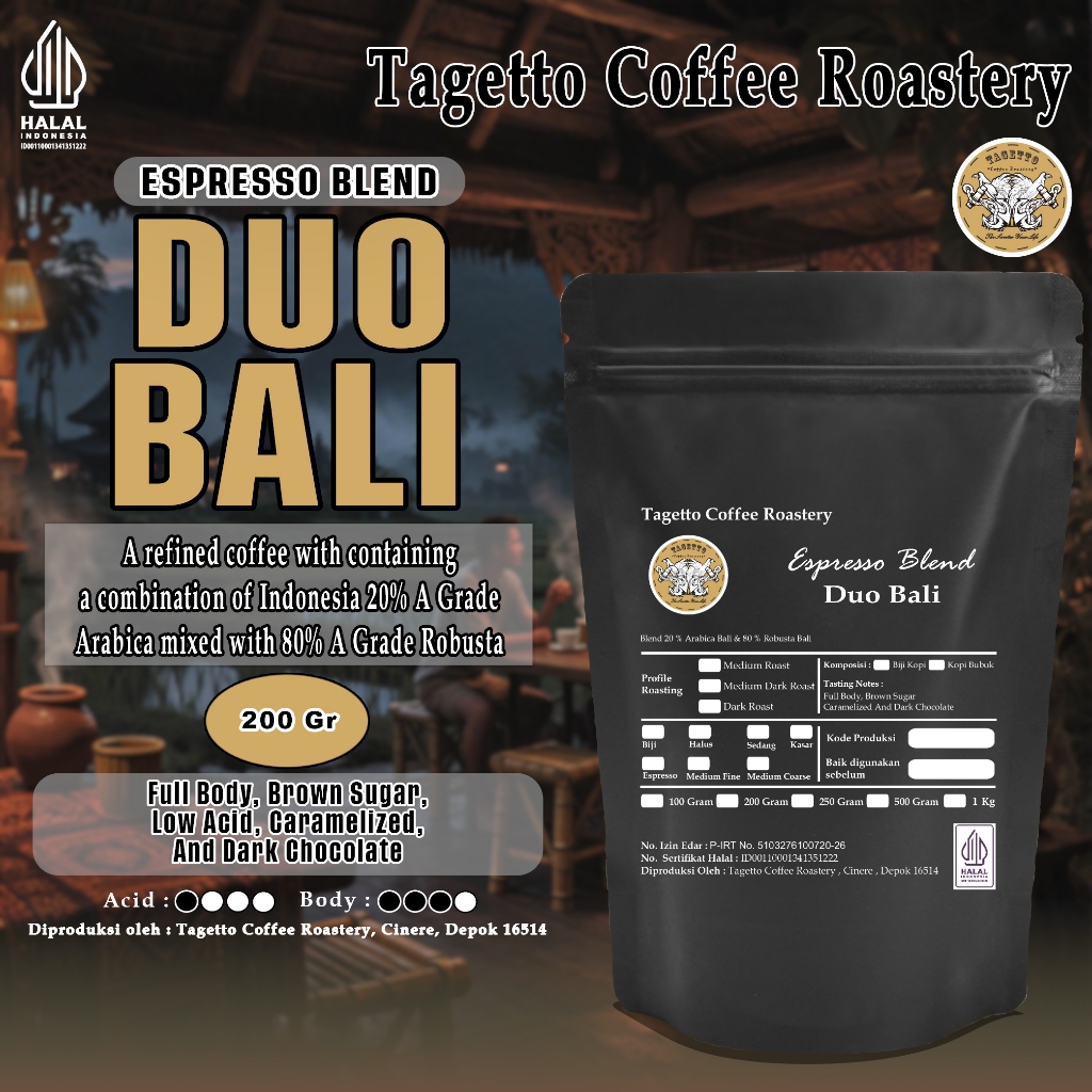 

BIJI KOPI ESPRESSO DUO BALI 200GR | ARABIKA ROBUSTA BLEND | BEAN GROUND BUBUK 200 GRAM TAGETTO COFFEE