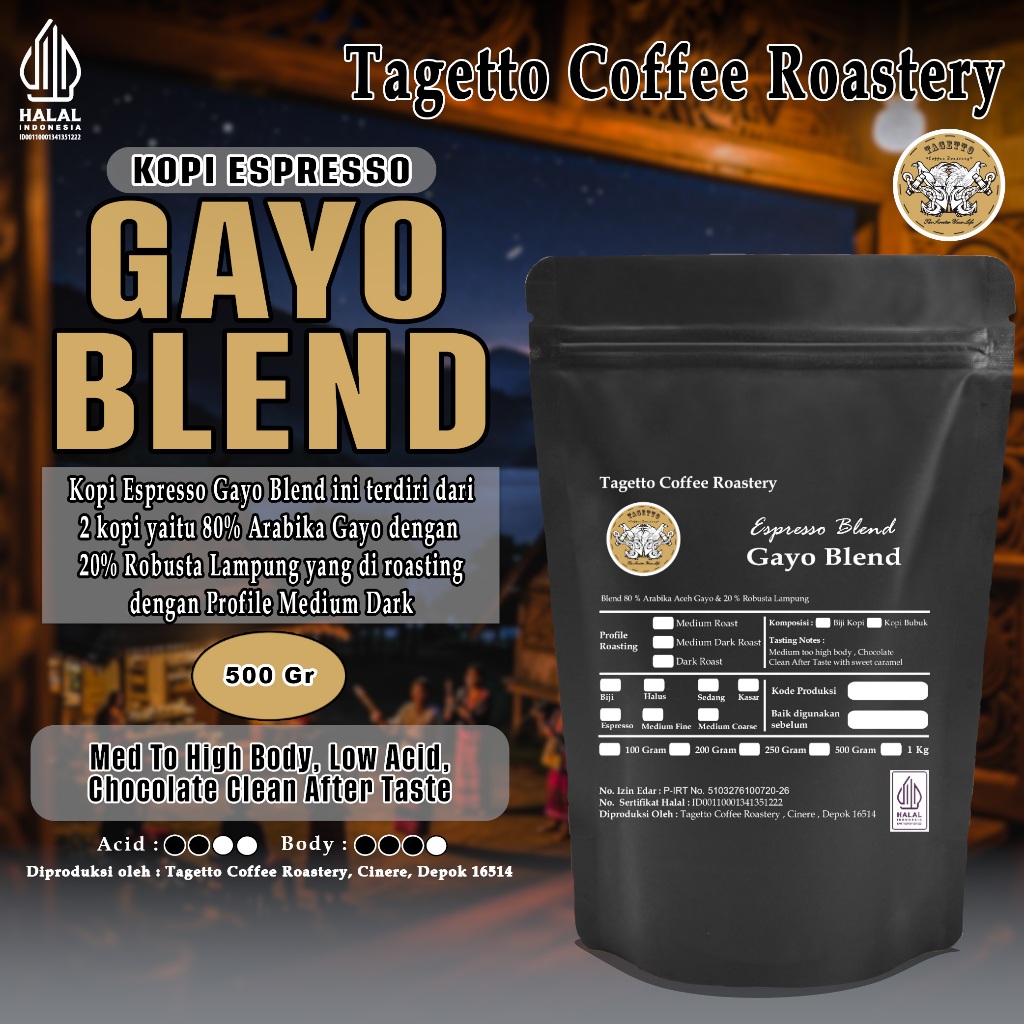 

BIJI KOPI ESPRESSO GAYO BLEND 500GR - ARABICA 80% & ROBUSTA 20% | BEAN GROUND BUBUK 500 GRAM TAGETTO COFFEE