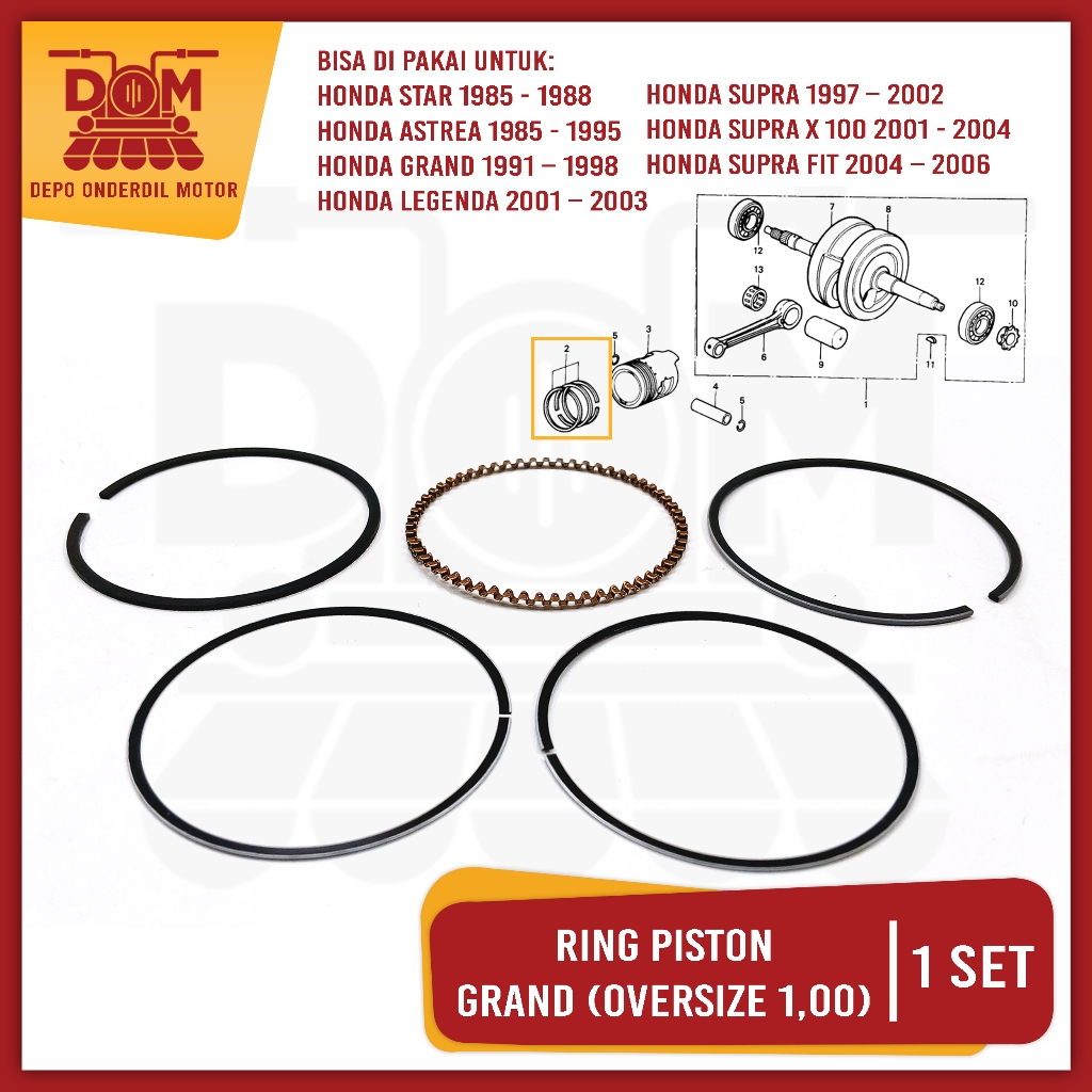Ring Piston Set Grand Oversize 0,100 (PSP) Piston Ring Kit Seker Seher OS 100mm Honda Grand Astrea