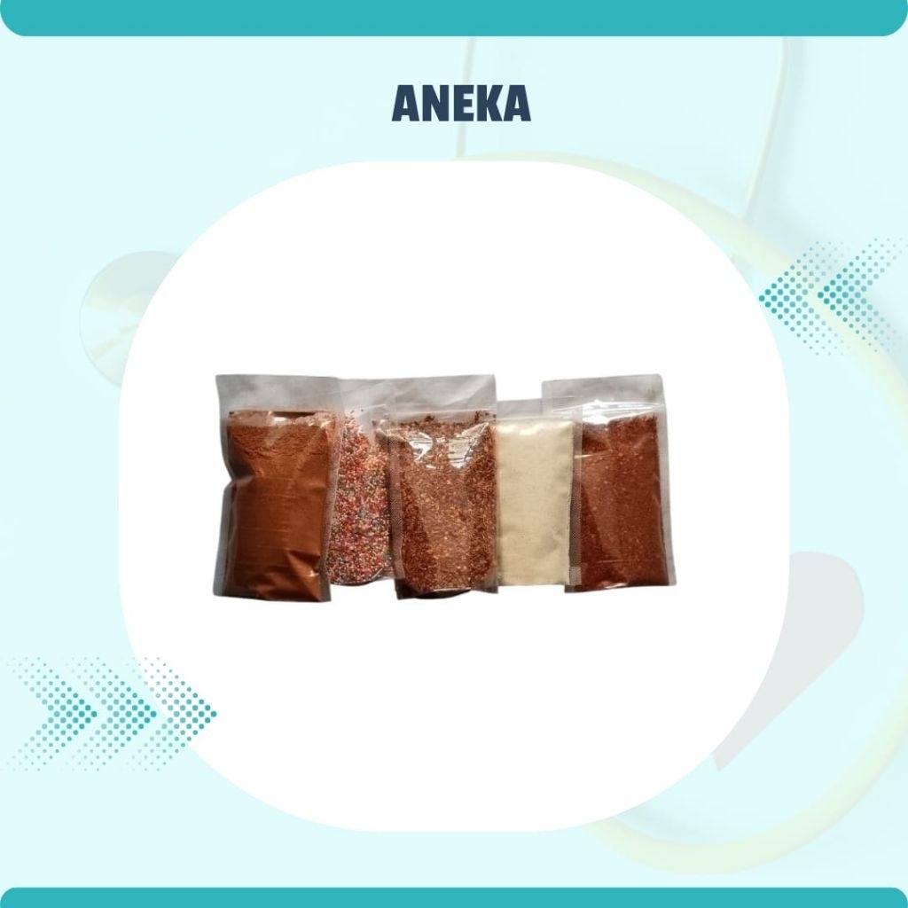 

Repack Ukuran 100gr (Cabe Bubuk Aida, Cabe Giling Kasar, Cabe Daun Jeruk, Bumbu Atom, Elmer Springkle)