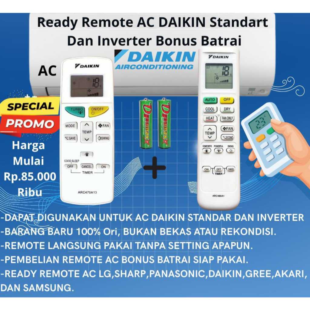 Remote AC Daikin Standar Dan Inverter Original Bonus Batrai