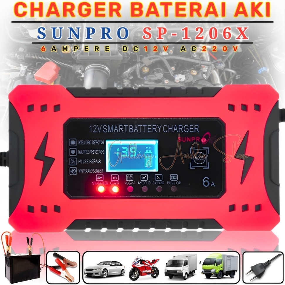 Charger Aki 12V 6A SUNPRO SP-1206X Dengan LCD Indikator Smart Intelligent | Charger Aki Pengisi Daya