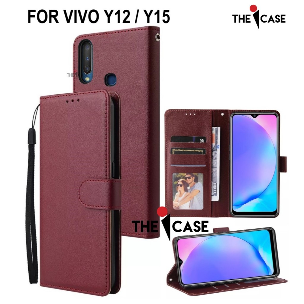 Casing vivo y12 / y15 model flip buka tutup case kulit ada tempat foto dan kartu juga tali hp flip c