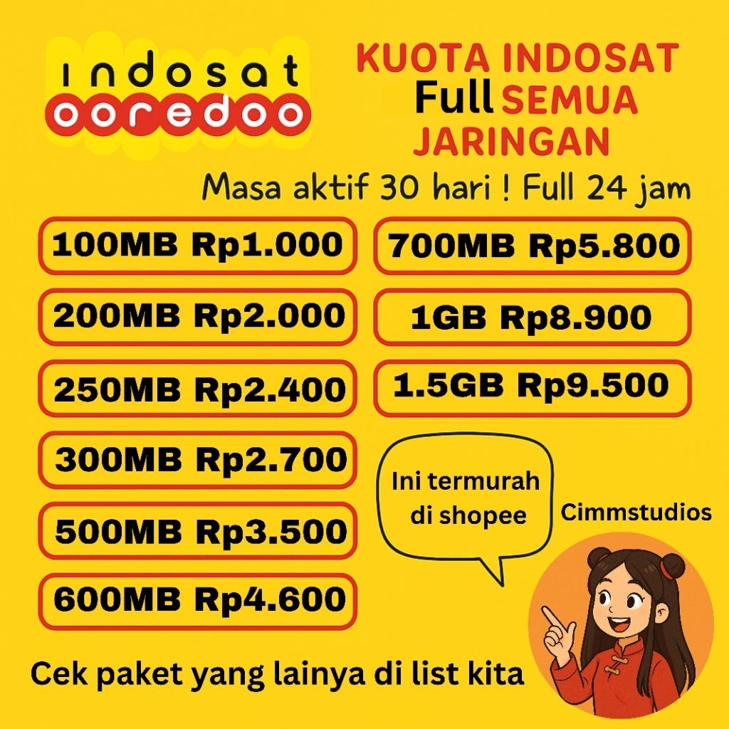 Paket Data IM3 Kuota Indosat Mini 100MB 200MB 300MB400MB 500MB 600MB 700MB 750MB 800MB 1GB Full 24 j