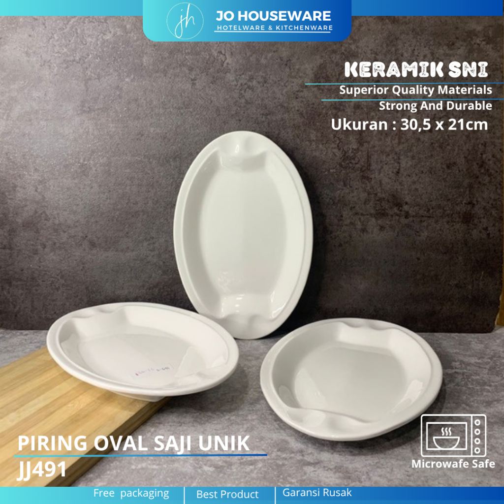 Piring Oval Saji Ikan Pyramid Keramik Premium Putih polos ukuran 30,5 x 21cm hotelware serbaguna JJ4