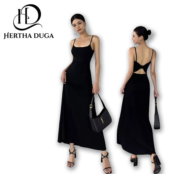 Hertha Duga long dress hitam korean style wanita party dress backless terbaru 2024 pantai summer gau
