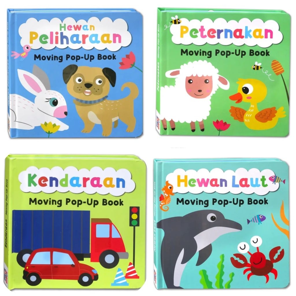 MOVING POP UP BOOK Hewan Laut, Kendaraan, Peternakan & Hewan Peliharaan ( Dalam 2 Bahasa Indonesia &