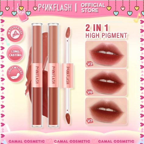 Pinkflash Duo LipGloss 2in1 Liquid Matte Lipstik Waterproof Dalam Satu Kemasan