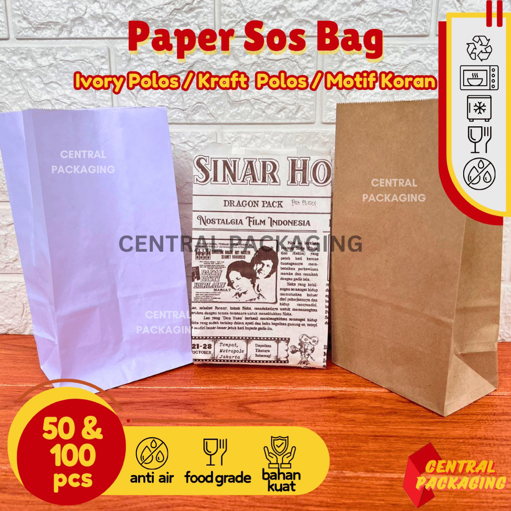 Paper Sos Bag White Kraft Motif / Kantong Kertas Roti Kentang Gorengan / Kantong Kertas Makanan Ayam
