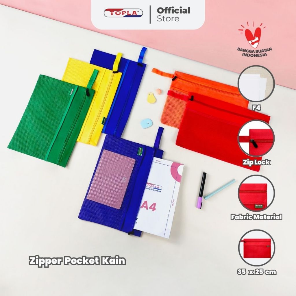 

TOPLA Zipper Pocket Kain F4 - Penyimpanan Alat Tulis & Kertas Premium