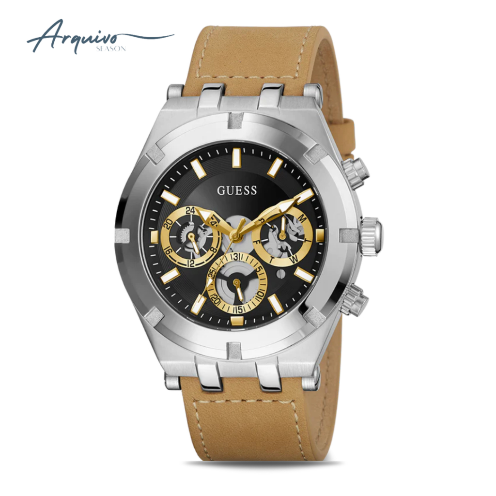 Jam Tangan Guess Pria Continental Chronograph Kulit Brown Dial Black Sporty Casual Original GW0262G1