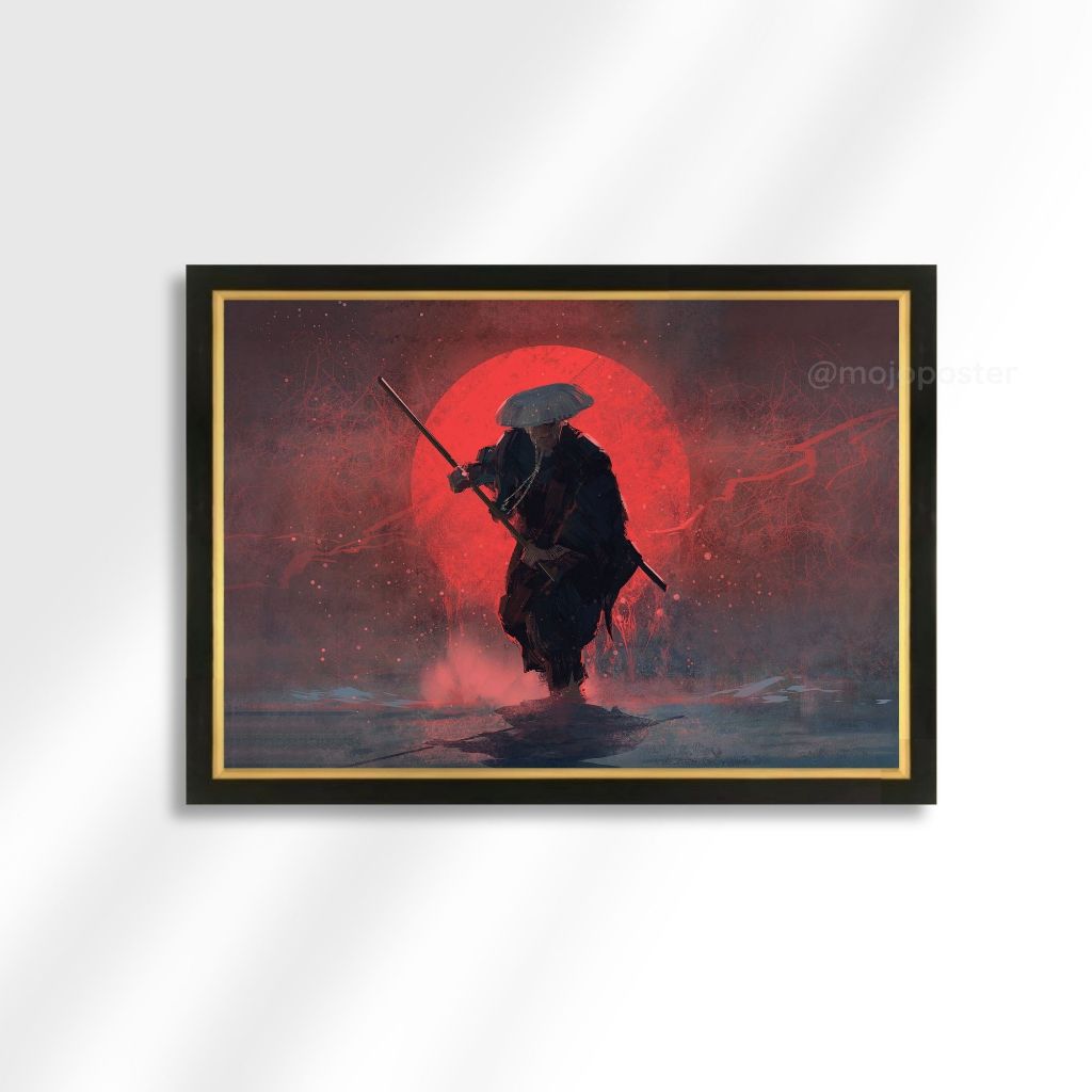 Hiasan Dinding Poster Samurai Jepang Lukisan Cetak Bingkai Kayu