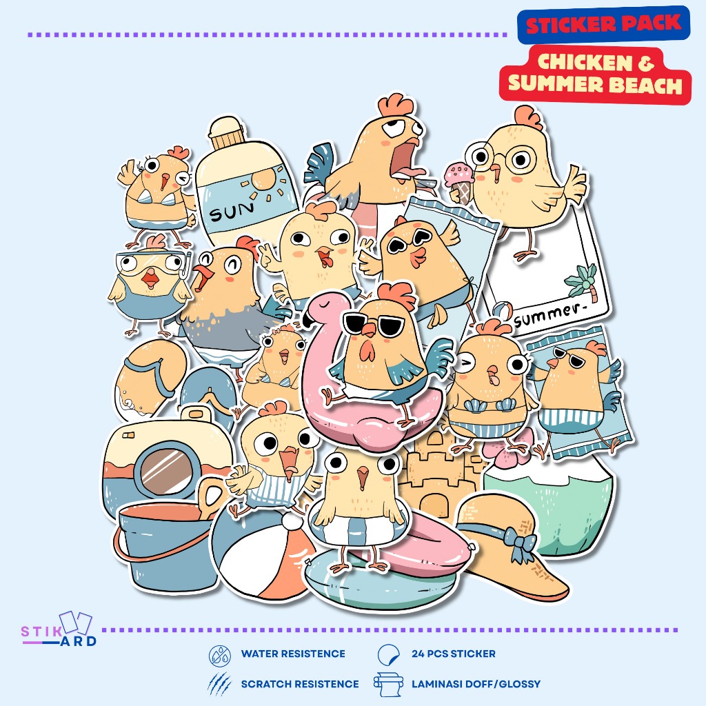 

Stiker Ayam Tema Pantai Lucu | Sticker Pack Laptop Tumbler Helm Koper - Bahan Vinyl Waterproof