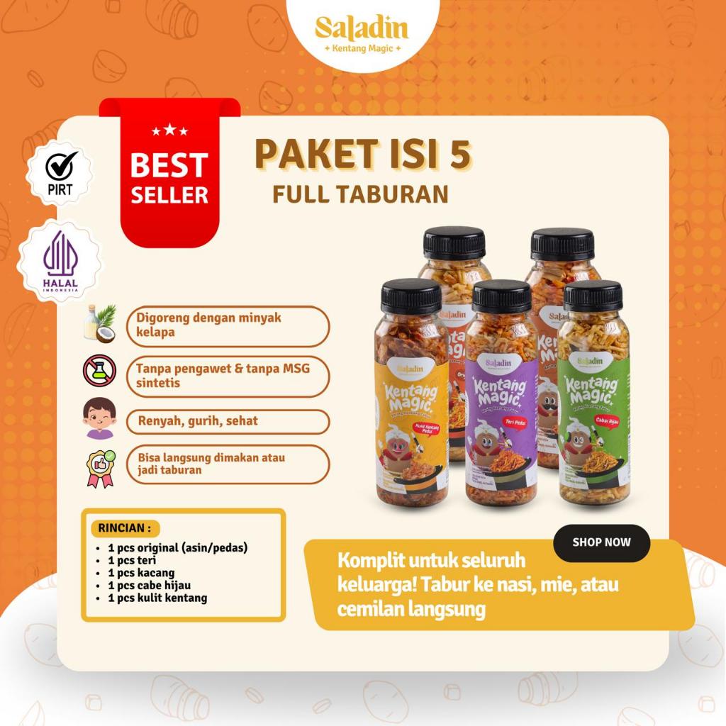 

Paket Hemat 5 Kentang Tabur Saladin – Mustofa Tanpa MSG, Bisa Jadi Snack & Taburan