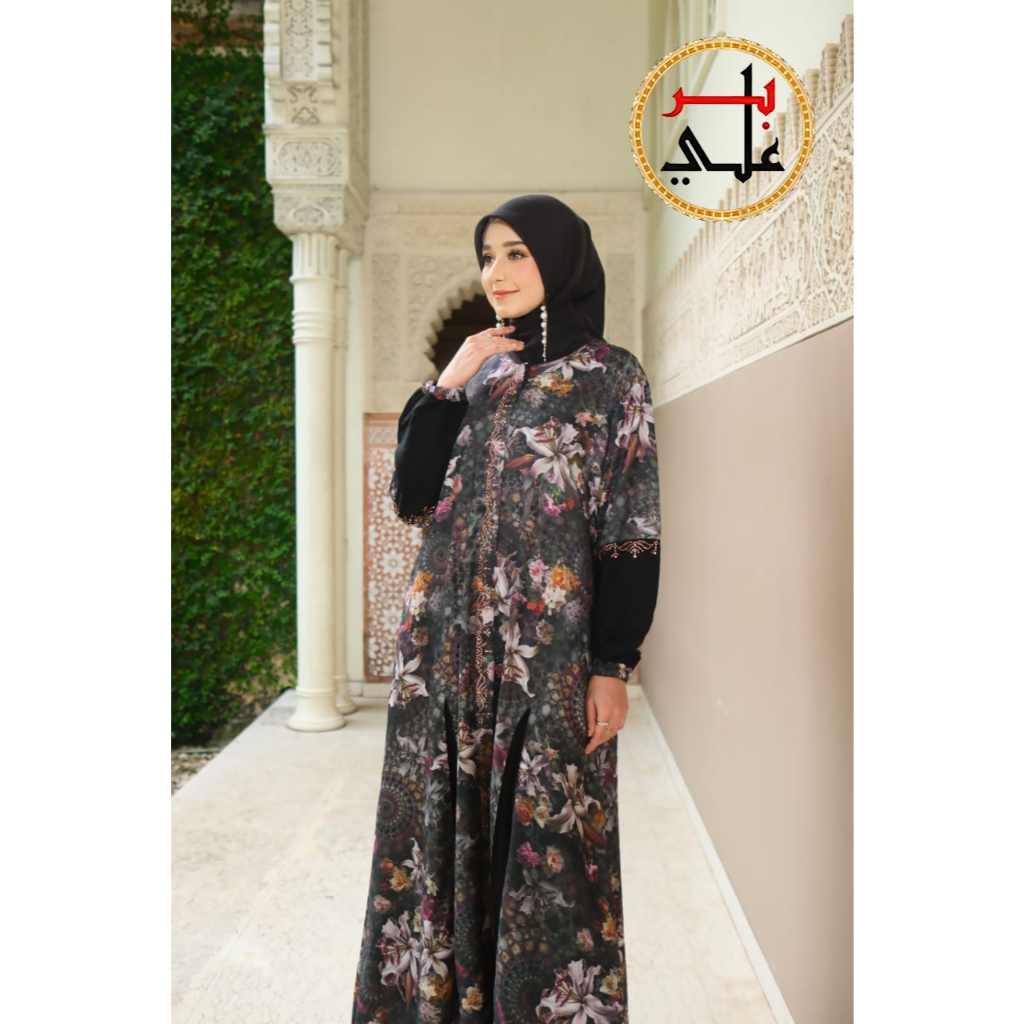 BIIR ALI Collection Abaya Motif bunga Khas Dubai Busui Friendly Hitam Ellegant Best Quality 2025