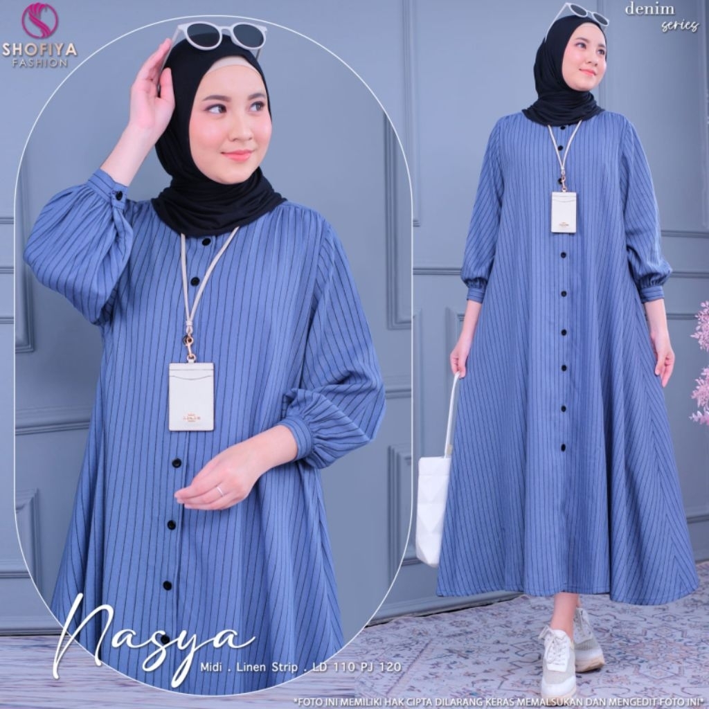 NASYA MIDI ORIGINAL SHOFIYA // MIDI DRESS CASUAL GAMIS DAILY MOTIF GARIS BAHAN PREMIUM