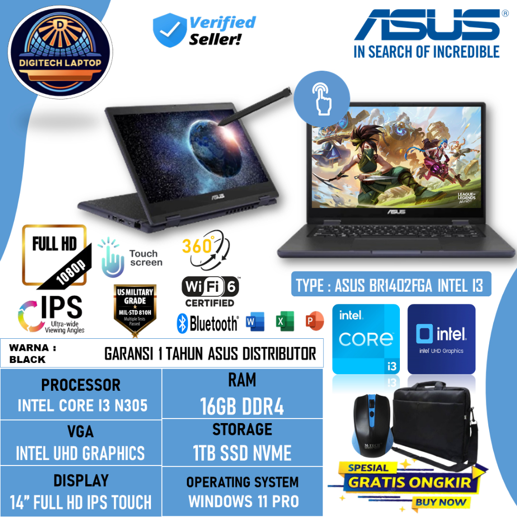 Laptop Flip Asus BR1402FGA P31T 2in1 Intel Core i3 N305 16GB 1TB 14 Inch FHD Stylus Pen Win 11 Home
