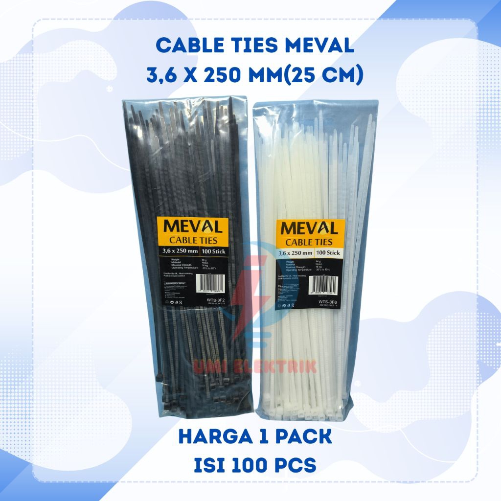 

kabel ties/cable ties MEVAL 3,6x250mm hitam dan putih