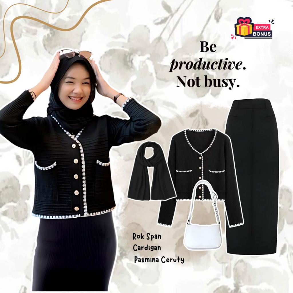 one set outfit 3in1 pasmina ceruty + cardigan rajut + rok span | setelan ootd outfit wanita anak cew