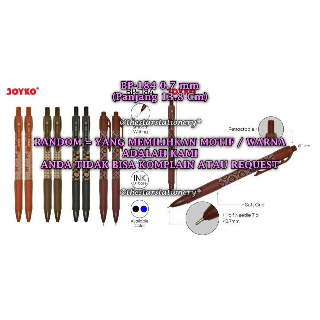 

(1 Biji) GROSIR Bolpen JOYKO BP-184 Culture 0.7 mm / Ball Pen Pulpen Pena Joyko BP-184 0.7 (1 Biji)