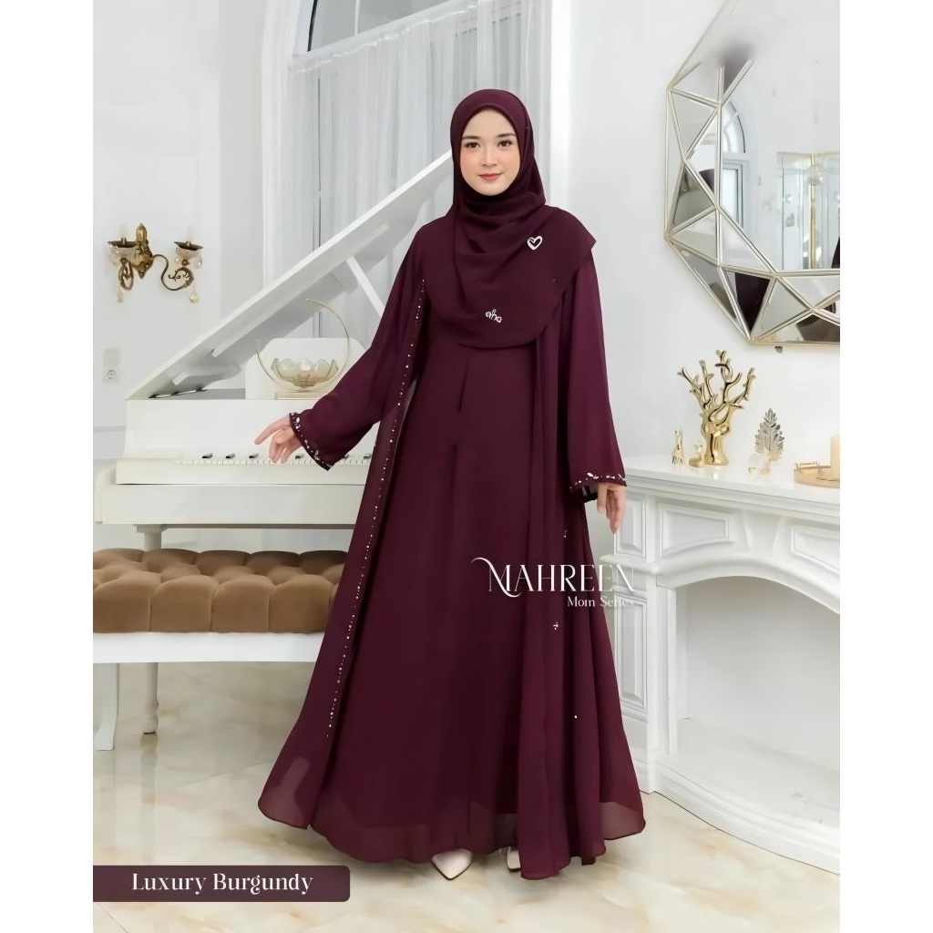 ABAYA GAMIS WANITA MAHREN MAHOGANY BURGUNDY PUTIH HITAM GAMIS ABAYA DUA LAYER APLIKASI PAYET