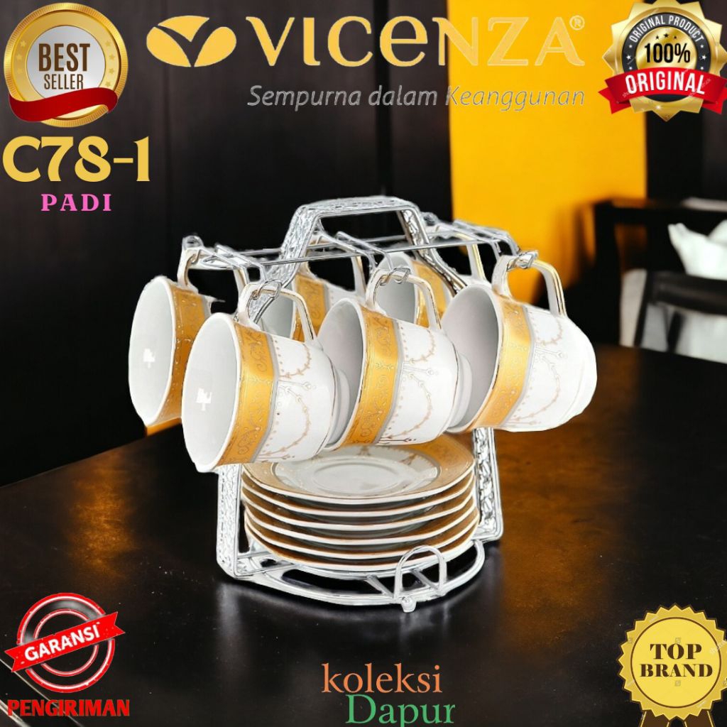 Set cangkir kopi Vicenza cup C78-1, motif cangkir Padi, wadah saji minuman Vicenza dilengkapi 6 cang