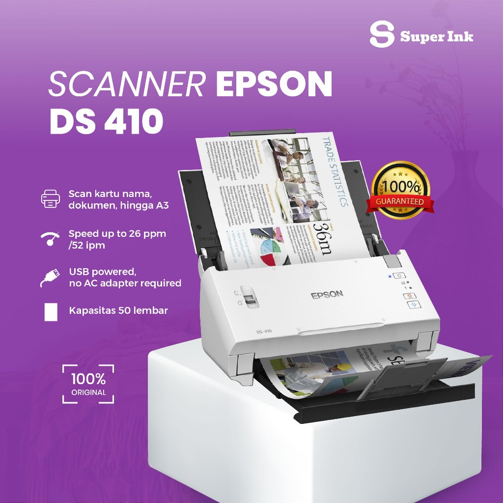 Scanner Epson DS410 DS 410 DS-410 - Epson WorkForce DS-410 A4 Duplex Sheet-fed Document Scanner