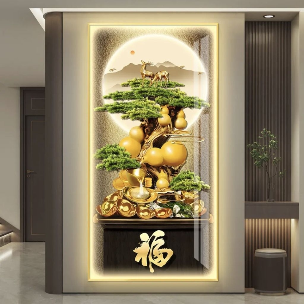 KOKOPAINTING Lukisan Porcelain Diamond Painting LED Crystal Motif Gambar Pohon Bonsai Fu Hok Hoki Ka