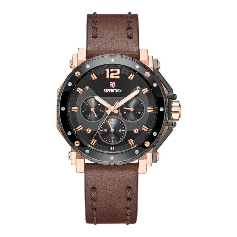 Jam Tangan Wanita Expedition E 6402 BFLGRBA E 6402 BF LGRBA Chronograph Black Dial Brown Original Re