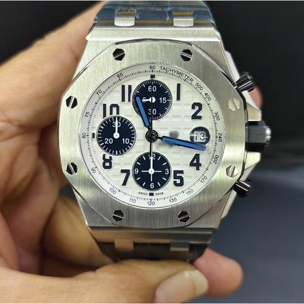 JAM TANGAN AUPIGE ROYAL OAK OS NOVELTY CHRONO INSPIRED WHITE WAFFLE DIAL 42MM NAVY LEATHER AP NAVY L