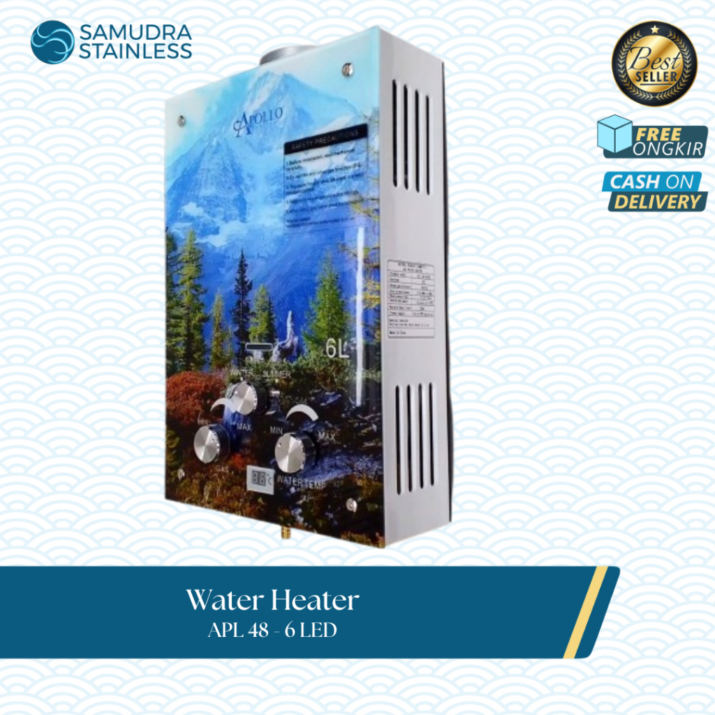 APOLLO Water Heater Kaca Gas Pemanas Air Kamar Mandi APL 48-6 LED