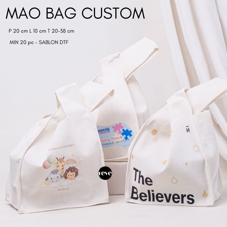 Custom mao bag knotted canvas 20x10x20-38 sablon DTF tas souvenir brand goodie bag ulang tahun weddi