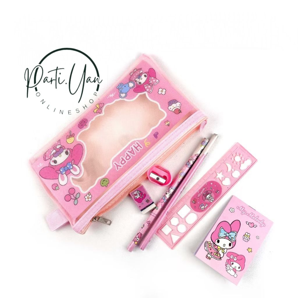 

ar2-Alat Tulis Set 7in1 karakter kuromi Lucu Pouch Net stationery Hadiah Anak Sanrio