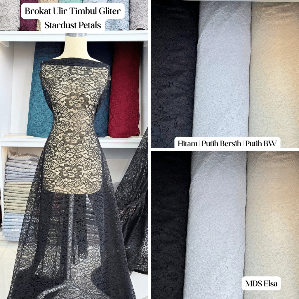 Brokat Ulir Timbul Gliter Motif Bunga Stardust Petals MDS Elsa | Kain Lace Kebaya Halus Lembut Glite
