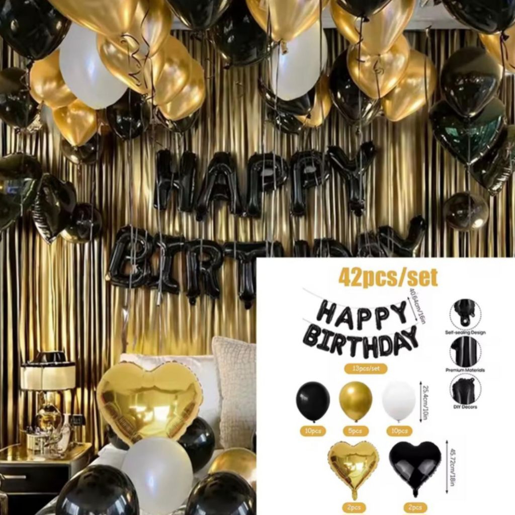 Paket dekorasi ulang tahun balon black gold balon foil tulisan happy birthday ulang tahun set balon 