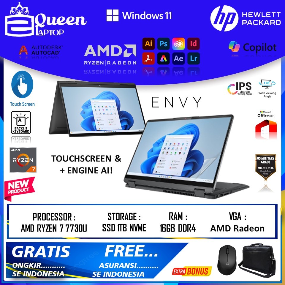 Laptop HP Envy X360 Amd Ryzen 7 7730U Ram 16GB 1TB Ssd 15.6" FHD IPS Touch Windows 11 Home