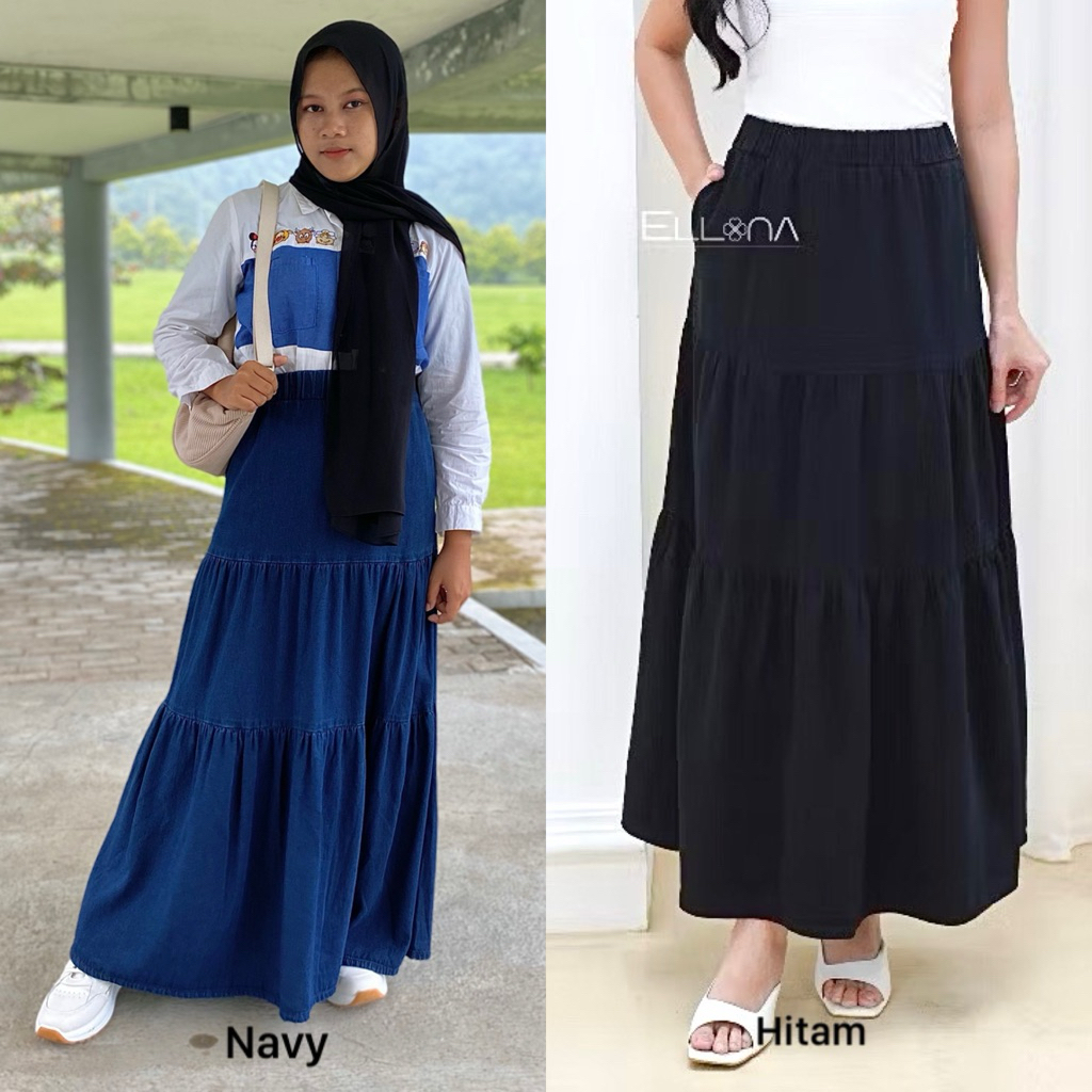 Jeansqu - SKIRT JEANS NAVY 3 SUSUN / Rok layer Wanita/Rok 3 Susun Wanita/ Flare Skirt/Long skirt/Bas