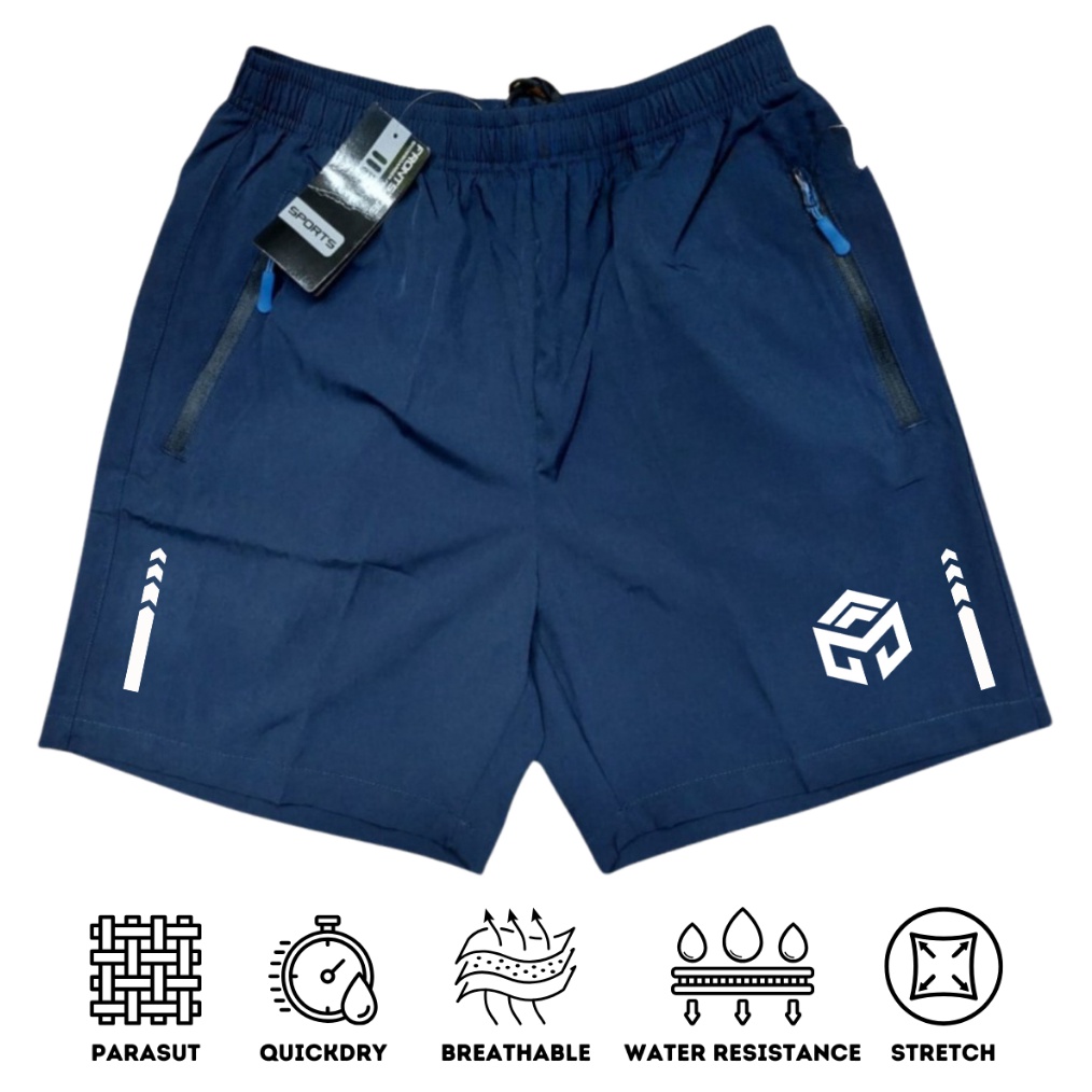 KODE F86C Celana Pendek Parasut Olahraga Saku Resleting Pria Wanita Running Santai Jumbo Polos Navy
