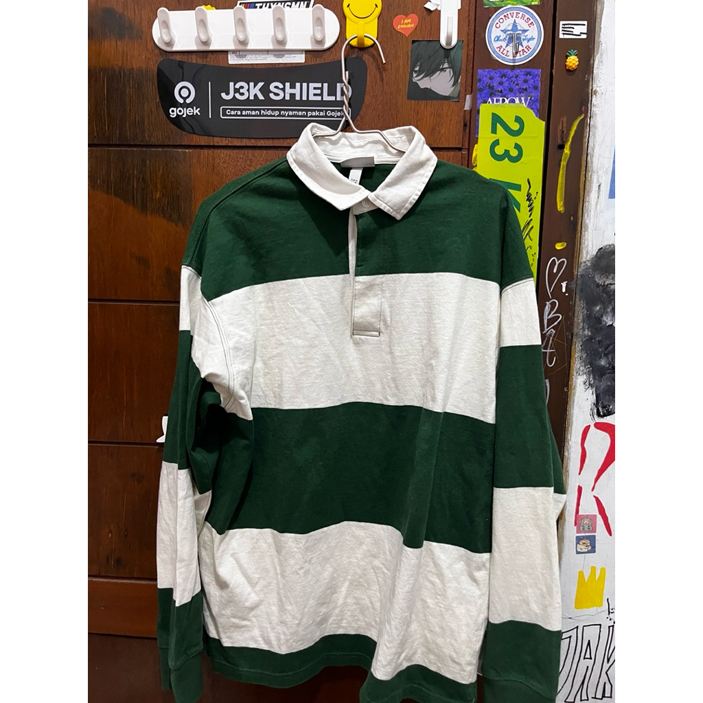 rugby shirt hm stripe hijau putih