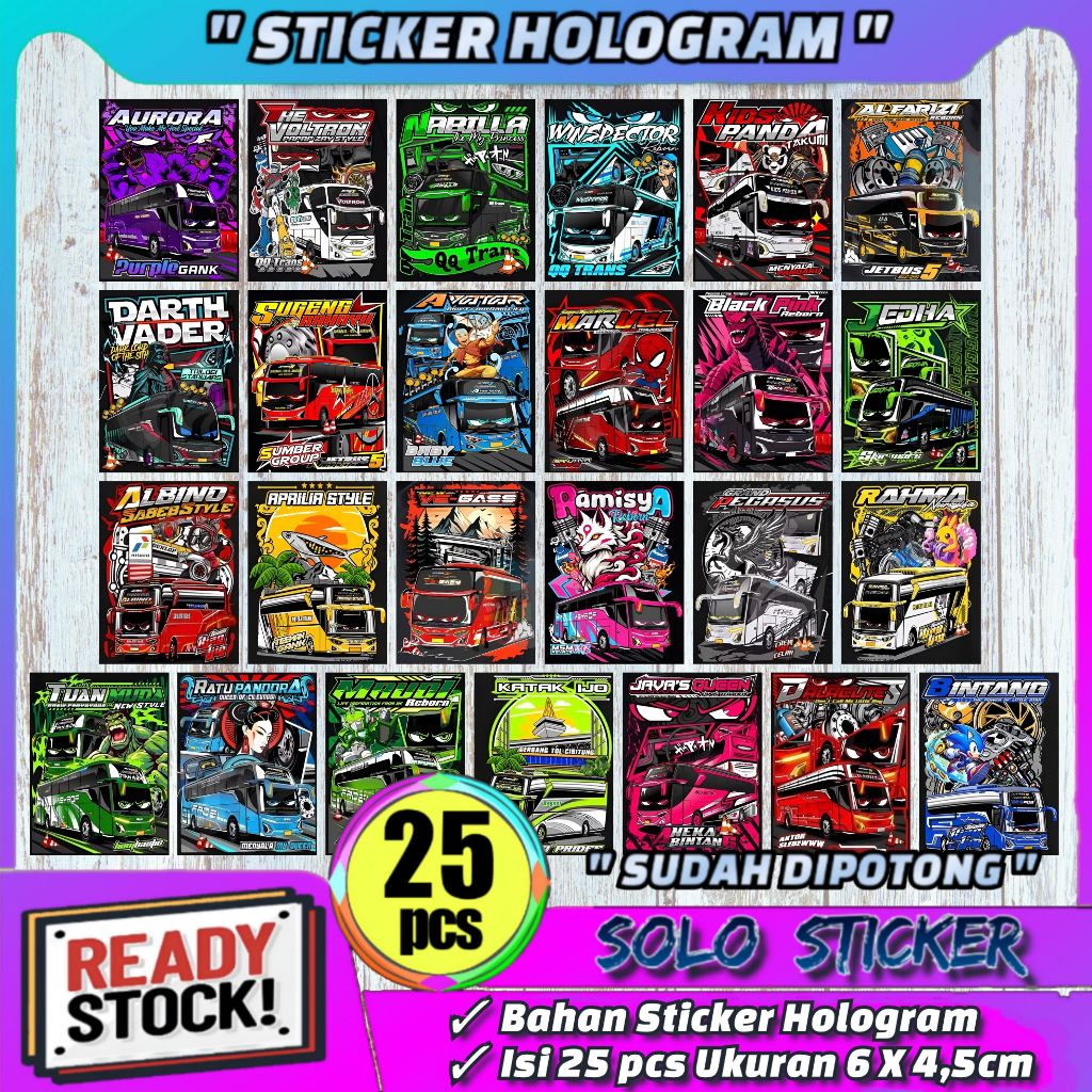 

Paket 25 pcs Sticker Bus Mania Telolet Basuri Hologram - Anti Air, Sudah Dipotong