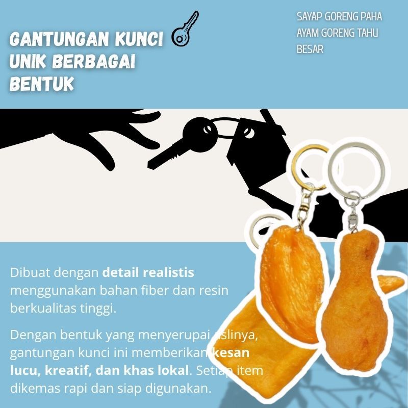 Gantungan Kunci Sayap Goreng, Paha Ayam Goreng & Tahu Besar Resin
