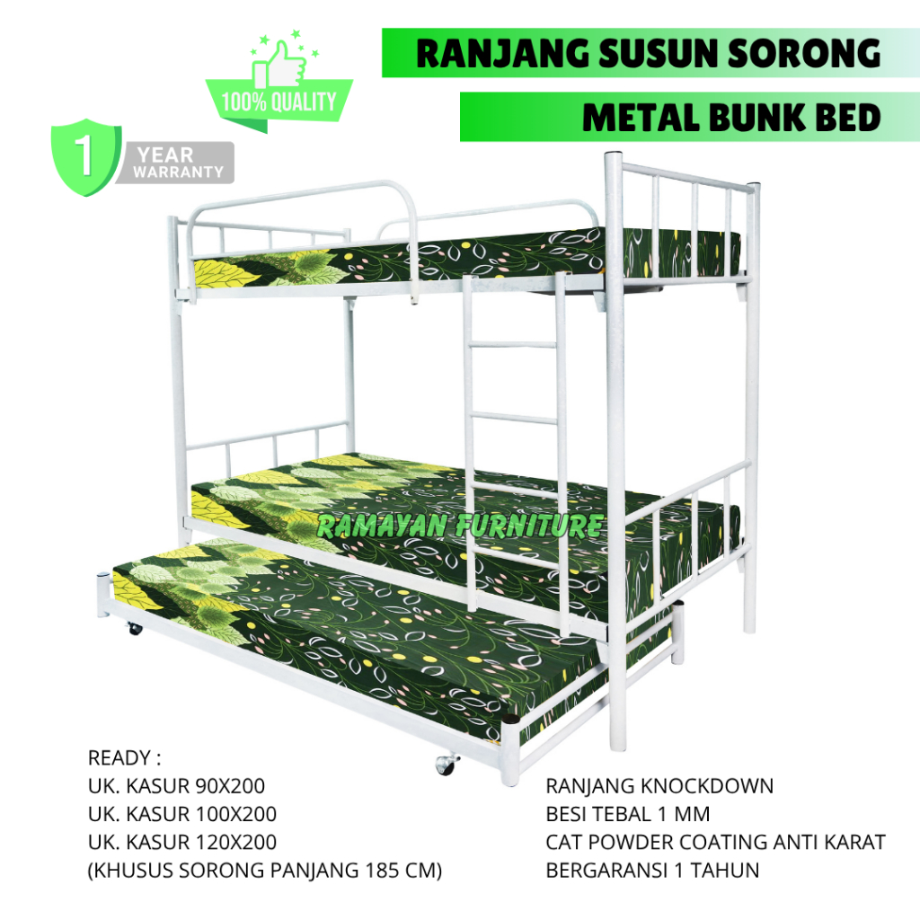 Ranjang Susun 3 Bunkbed Besi 90x200,100x200 dan 120x200