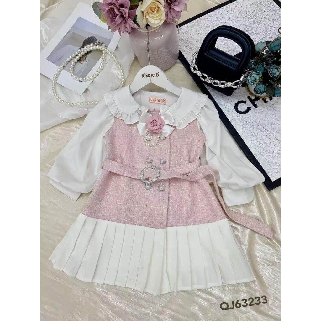 (A01932)Dres Anak Panjang Pleat Mutiara-Dres ala Korea mewah-Pink(Usia 3-8Tahun)