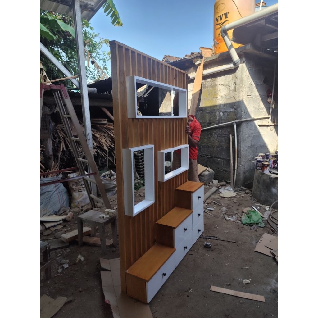 partisi sekat ruangan minimalis box laci kayu solid anti lapuk
