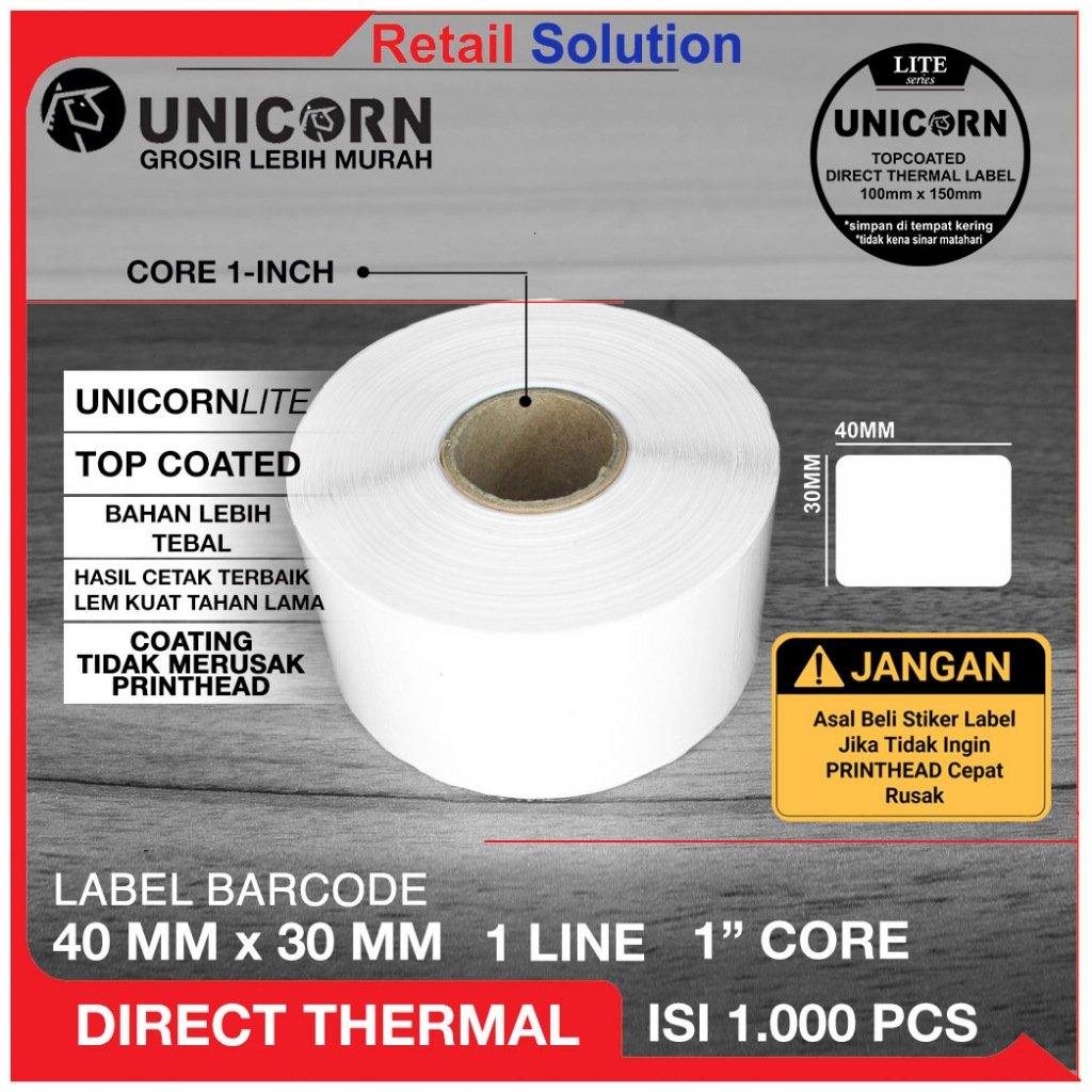 

Unicorn Stiker Label Barcode Thermal 40x30 mm / 40 x 30 mm / 4x3CM