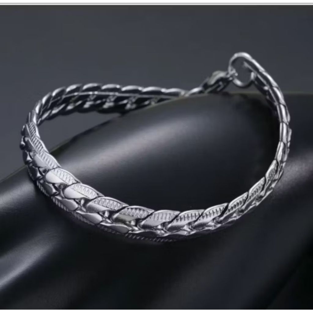 Gelang Titanium Pria Warna Silver Rantai Sisik Naga Motif | Hook & Clip | Anti Luntur & Karat