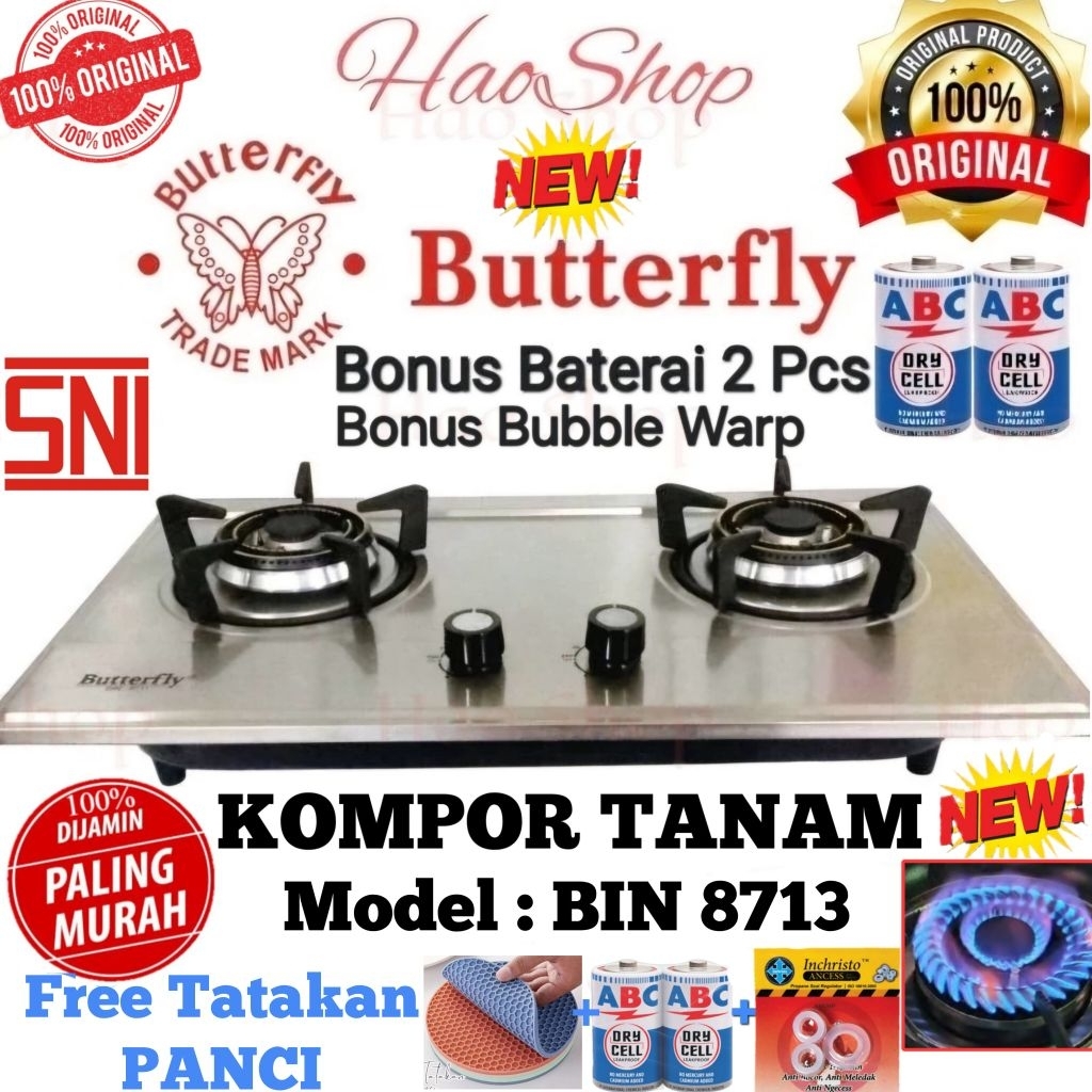 Kompor Tanam Gas 2 Tungku Stainless Butterfly BIN8713 Api Biru Kuat Tahan Beban 80 Kg Bonus Baterai 